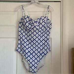 J.Crew x SZ Blockprints Blue White Geometric One-Piece Swimsuit Size 14 NWOT